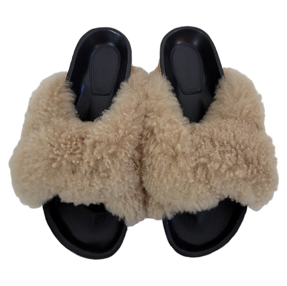 New Chloe Sherling Slides Sherpa Faux Fur Sandals Size 36 US 6 Beige - Picture 4 of 10